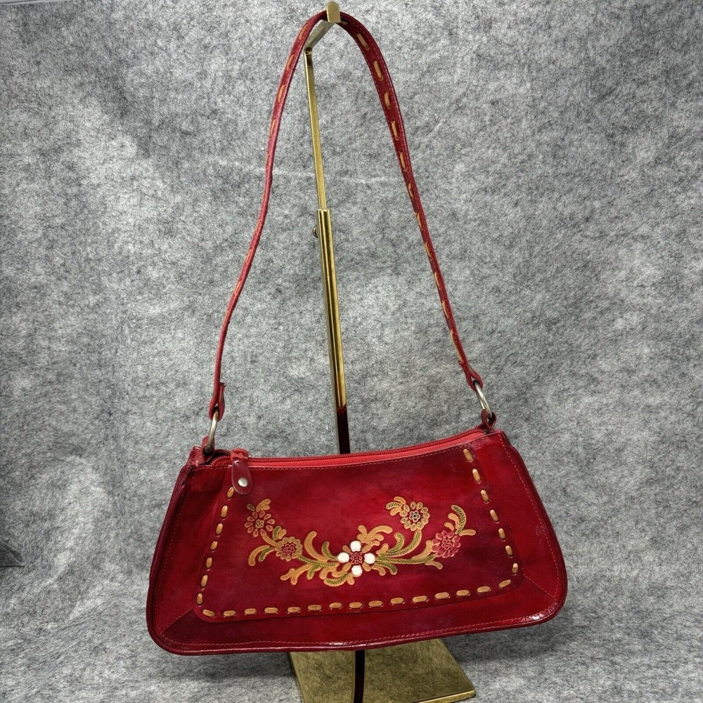 Vintage Mini Handmade Leather Handbag Bag‎ Made in India Red Floral Tooled Paint